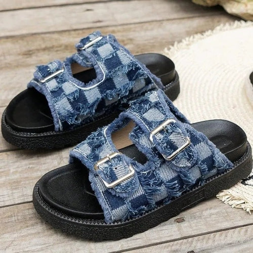 Raw Edge Checkered Cloth Buckle Slippers